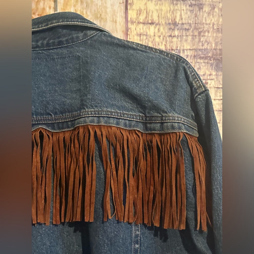 Womens Jean Denim Suede Fringe Western Cowgirl Rodeo Jacket Large Rock n Roll - Picture 12 of 16